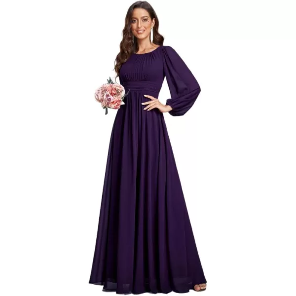 imageEverPretty Womens Crewneck Lantern Sleeves ALine Pleated Chiffon Maxi Formal Dress 0106BDeep Purple