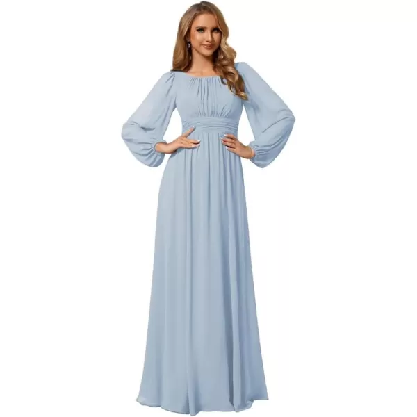 imageEverPretty Womens Crewneck Lantern Sleeves ALine Pleated Chiffon Maxi Formal Dress 0106BIce Blue