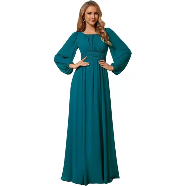 imageEverPretty Womens Crewneck Lantern Sleeves ALine Pleated Chiffon Maxi Formal Dress 0106BTeal