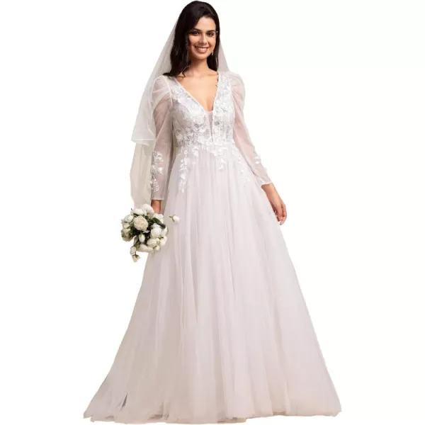 imageEverPretty Womens Double V Neck Long Sleeves Applique SeeThrough A Line Tulle Wedding Dresses for Bride 02186Ivory