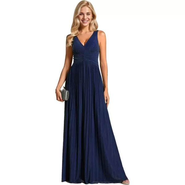 imageEverPretty Womens Glitter Sleeveless V Neck ALine Pleated Waist Evening Gowns 02133Navy Blue