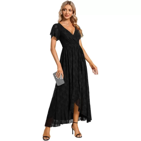 imageEverPretty Womens Lace V Neck Ruffles Sleeves Pleated Empire Waist ALine Maxi Formal Dresses 01489Black