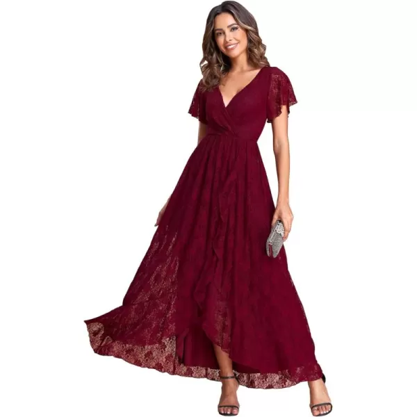 imageEverPretty Womens Lace V Neck Ruffles Sleeves Pleated Empire Waist ALine Maxi Formal Dresses 01489Burgundy