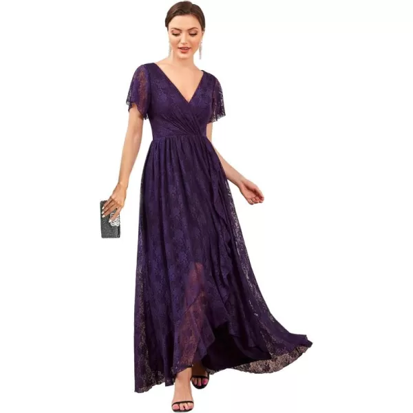 imageEverPretty Womens Lace V Neck Ruffles Sleeves Pleated Empire Waist ALine Maxi Formal Dresses 01489Dark Purple