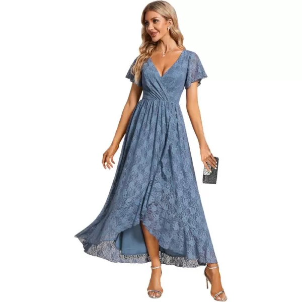 imageEverPretty Womens Lace V Neck Ruffles Sleeves Pleated Empire Waist ALine Maxi Formal Dresses 01489Dusty Navy