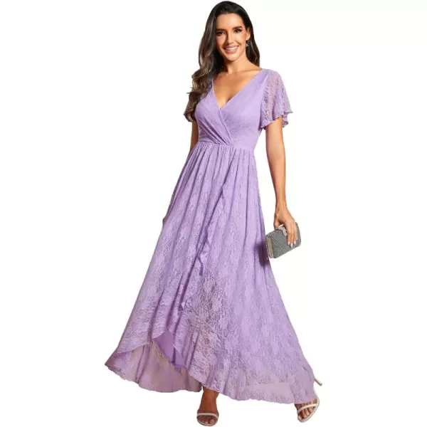 imageEverPretty Womens Lace V Neck Ruffles Sleeves Pleated Empire Waist ALine Maxi Formal Dresses 01489Lavender