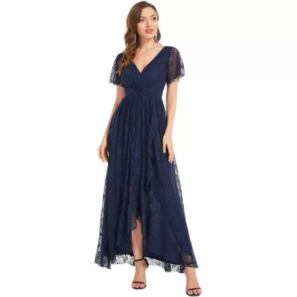 imageEverPretty Womens Lace V Neck Ruffles Sleeves Pleated Empire Waist ALine Maxi Formal Dresses 01489Navy Blue