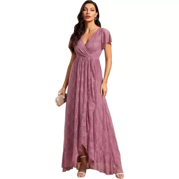 imageEverPretty Womens Lace V Neck Ruffles Sleeves Pleated Empire Waist ALine Maxi Formal Dresses 01489Orchid