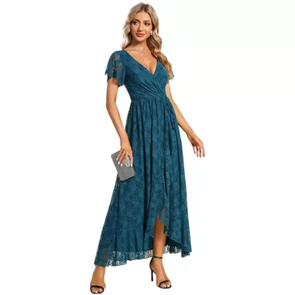 imageEverPretty Womens Lace V Neck Ruffles Sleeves Pleated Empire Waist ALine Maxi Formal Dresses 01489Teal