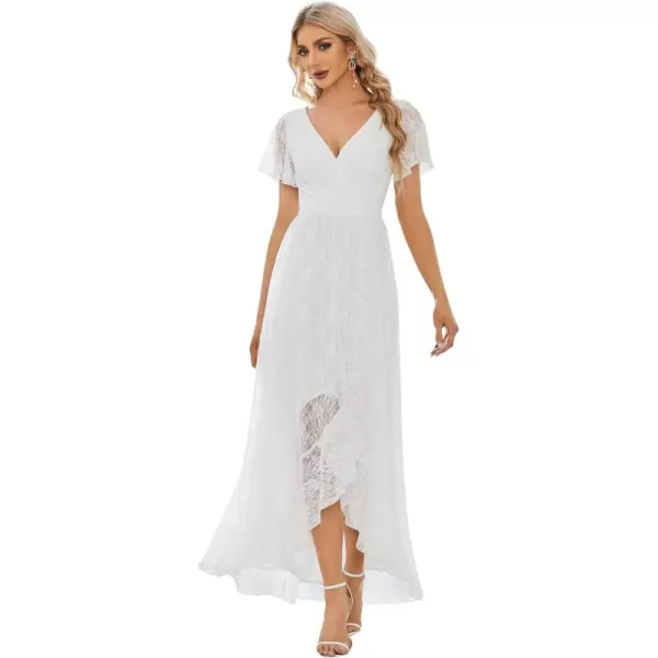 imageEverPretty Womens Lace V Neck Ruffles Sleeves Pleated Empire Waist ALine Maxi Formal Dresses 01489White