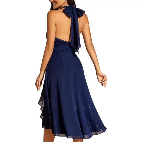 imageEverPretty Womens V Neck Cocktail Dress Pleated Glitter Backless Midi Length Formal Dresses 51977Navy Blue