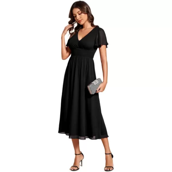 imageEverPretty Womens V Neck Elegant Party Dress Short Sleeve Pleated Formal Dresses for Wedding Guest Dresses 02155Black