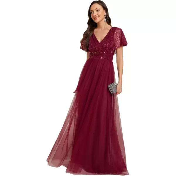 imageEverPretty Womens V Neck Evening Dresses Ruffles Sleeves Sequin Empire Waist ALine Maxi Formal Dresses 02223Burgundy