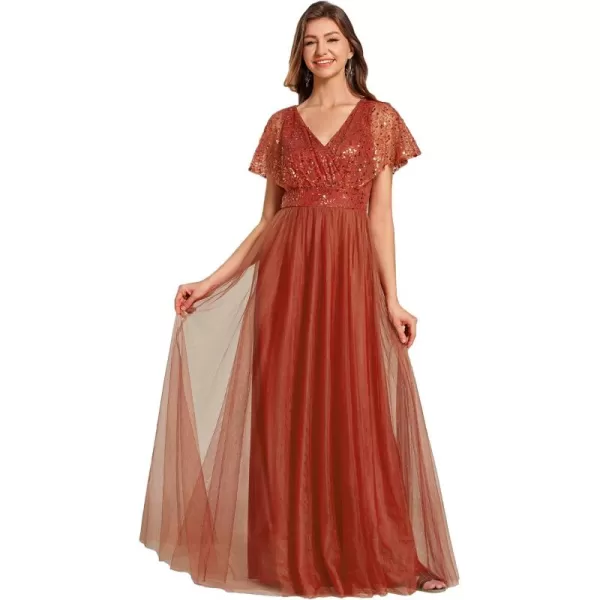 imageEverPretty Womens V Neck Evening Dresses Ruffles Sleeves Sequin Empire Waist ALine Maxi Formal Dresses 02223Burnt Orange