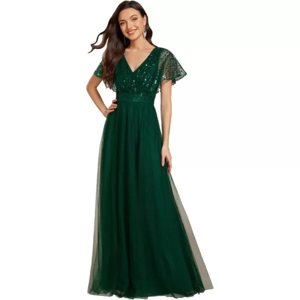 imageEverPretty Womens V Neck Evening Dresses Ruffles Sleeves Sequin Empire Waist ALine Maxi Formal Dresses 02223Deep Green