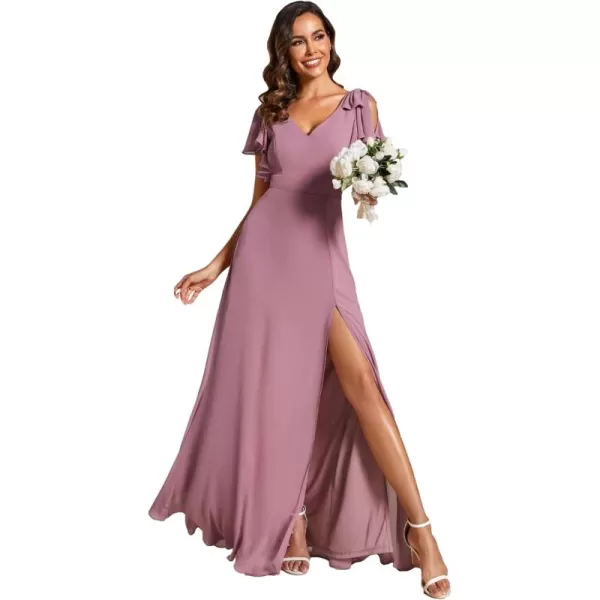 imageEverPretty Womens V Neck High Waist Bridesmaid Dress Ruffle Sleeves Slit A Line Maxi Semi Formal Dresses 02080Orchid