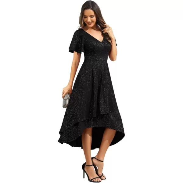 imageEverPretty Womens Wedding Guest Dress Double V Neck Ruffle Sleeves High Low Glitter Midi Semi Formal Dresses 71926Black