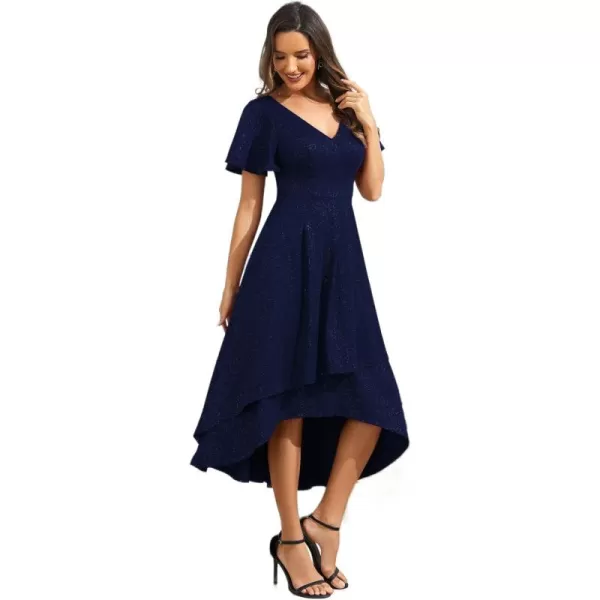 imageEverPretty Womens Wedding Guest Dress Double V Neck Ruffle Sleeves High Low Glitter Midi Semi Formal Dresses 71926Navy Blue