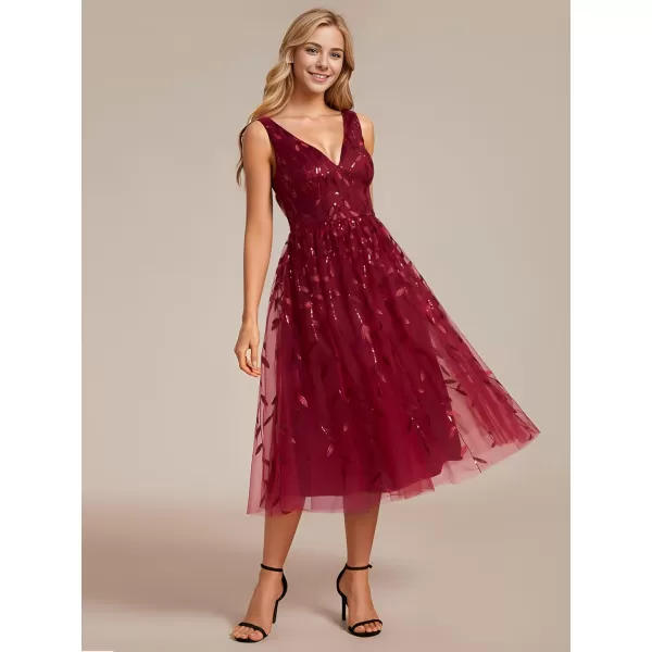 imageEverPretty Womens A Line V Neck Open Back Sleeveless Ruched Sequin Knee Length Formal Dress 02106Burgundy