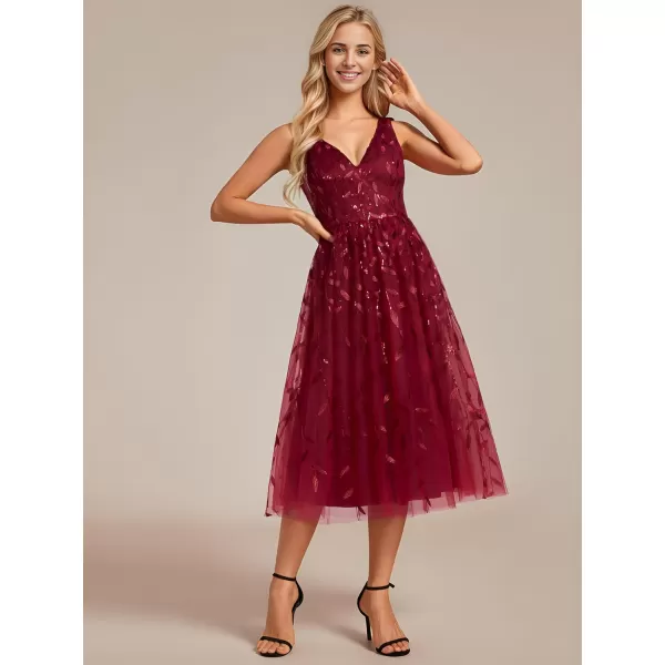 imageEverPretty Womens A Line V Neck Open Back Sleeveless Ruched Sequin Knee Length Formal Dress 02106Burgundy