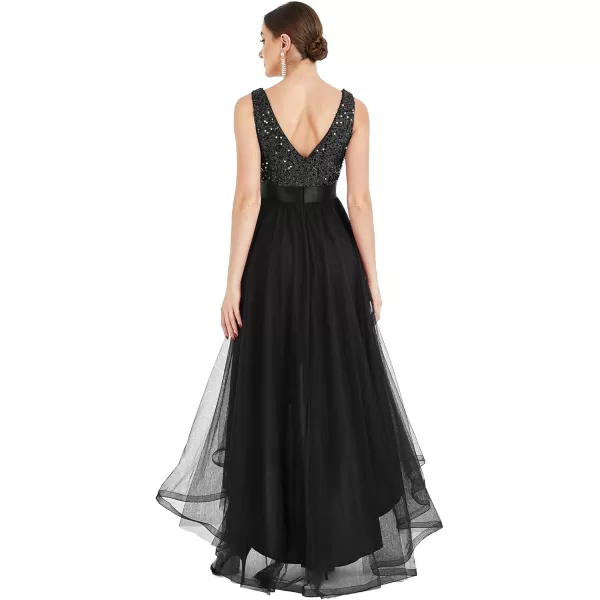 imageEverPretty Womens Cocktail Dress Double VNeck Sleeveless Empire Waist Sequin High Low Tulle Formal Dress 0147ABlack