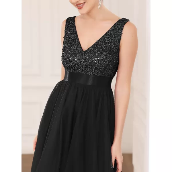 imageEverPretty Womens Cocktail Dress Double VNeck Sleeveless Empire Waist Sequin High Low Tulle Formal Dress 0147ABlack