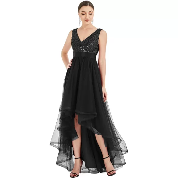 imageEverPretty Womens Cocktail Dress Double VNeck Sleeveless Empire Waist Sequin High Low Tulle Formal Dress 0147ABlack