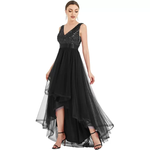 imageEverPretty Womens Cocktail Dress Double VNeck Sleeveless Empire Waist Sequin High Low Tulle Formal Dress 0147ABlack