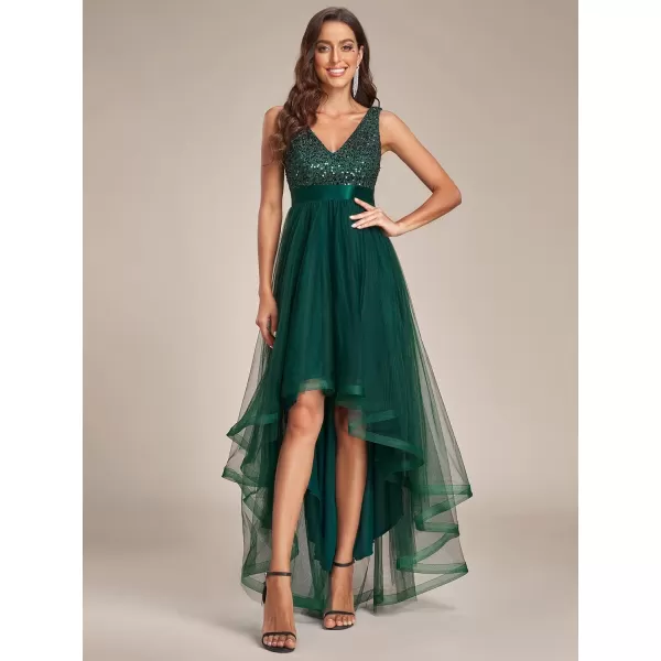 imageEverPretty Womens Cocktail Dress Double VNeck Sleeveless Empire Waist Sequin High Low Tulle Formal Dress 0147ADark Green