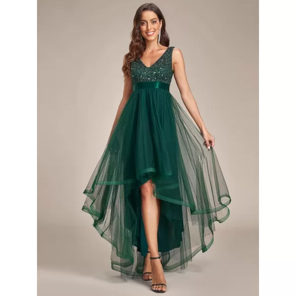 imageEverPretty Womens Cocktail Dress Double VNeck Sleeveless Empire Waist Sequin High Low Tulle Formal Dress 0147ADark Green