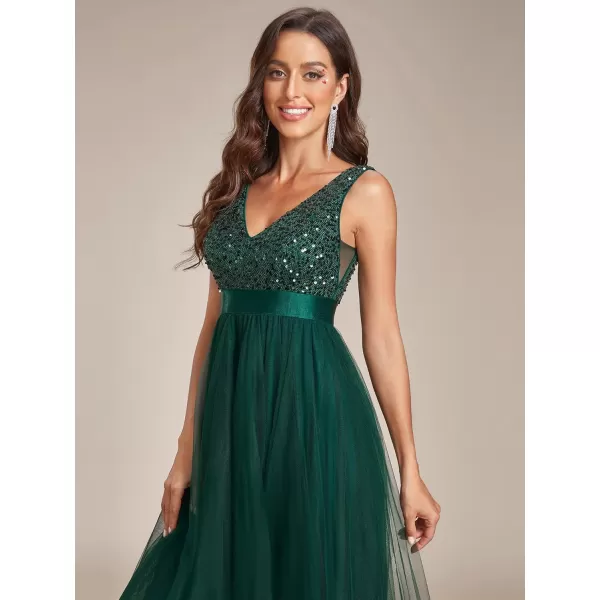 imageEverPretty Womens Cocktail Dress Double VNeck Sleeveless Empire Waist Sequin High Low Tulle Formal Dress 0147ADark Green