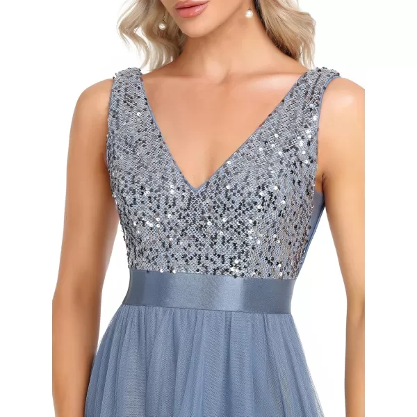 imageEverPretty Womens Cocktail Dress Double VNeck Sleeveless Empire Waist Sequin High Low Tulle Formal Dress 0147ADusty Navy