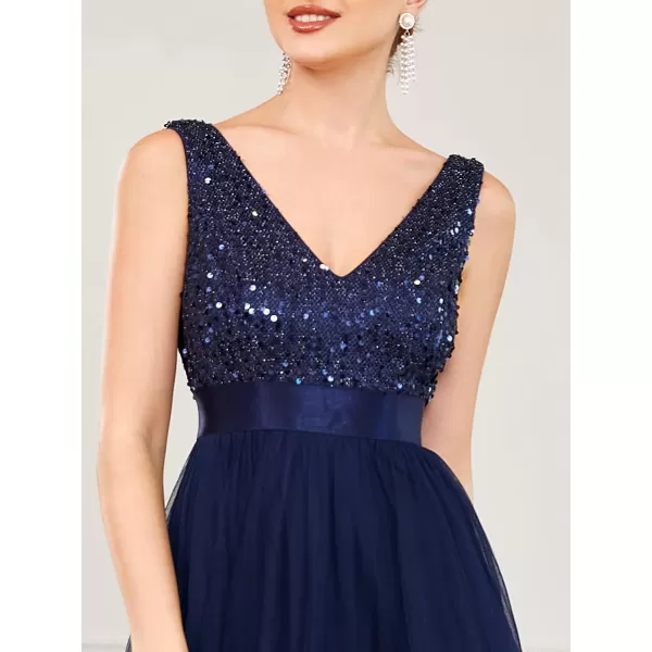 imageEverPretty Womens Cocktail Dress Double VNeck Sleeveless Empire Waist Sequin High Low Tulle Formal Dress 0147ANavy Blue