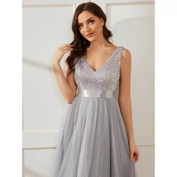 imageEverPretty Womens Cocktail Dress Double VNeck Sleeveless Empire Waist Sequin High Low Tulle Formal Dress 0147ASilver