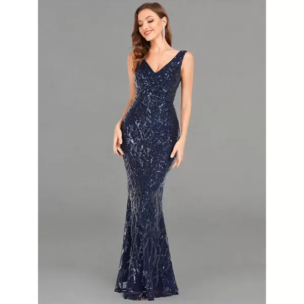 imageEverPretty Womens Double VNeck Sequin Mermaid FloorLength Evening Dresses 01549Navy Blue