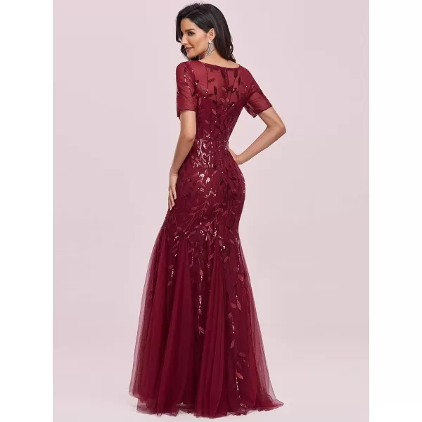 imageEverPretty Womens Elegant Illusion Short Sleeve Crew Neck Sequin Embroidery Mermaid Evening Dresses 07707Burgundy