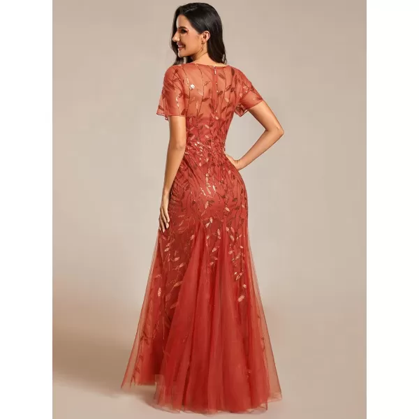 imageEverPretty Womens Elegant Illusion Short Sleeve Crew Neck Sequin Embroidery Mermaid Evening Dresses 07707Burnt Orange