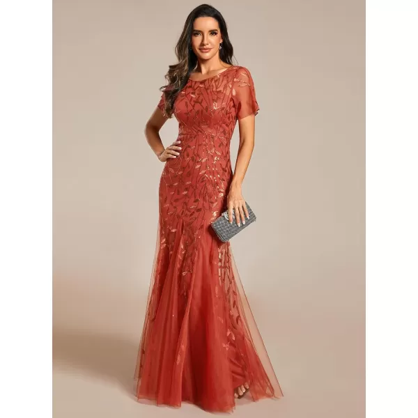 imageEverPretty Womens Elegant Illusion Short Sleeve Crew Neck Sequin Embroidery Mermaid Evening Dresses 07707Burnt Orange