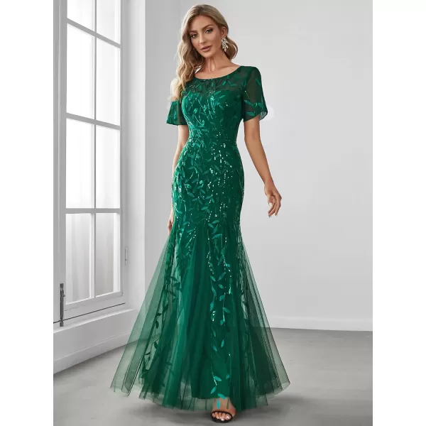 imageEverPretty Womens Elegant Illusion Short Sleeve Crew Neck Sequin Embroidery Mermaid Evening Dresses 07707Dark Green