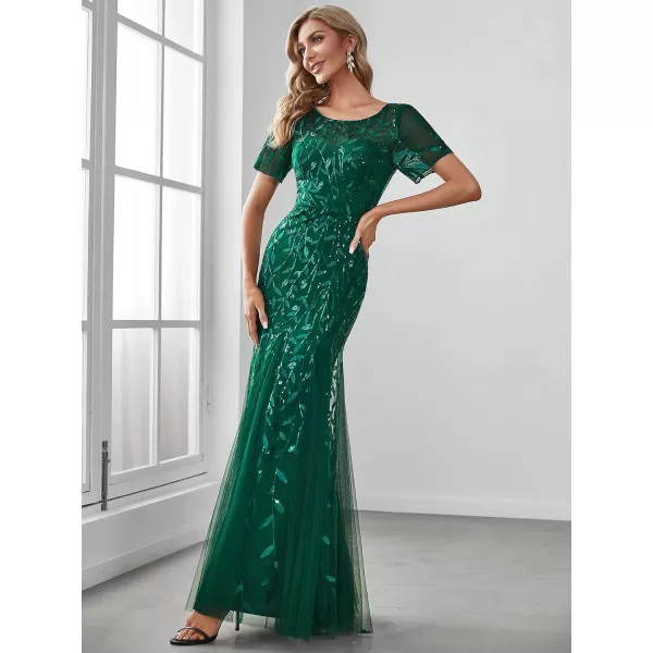 imageEverPretty Womens Elegant Illusion Short Sleeve Crew Neck Sequin Embroidery Mermaid Evening Dresses 07707Dark Green