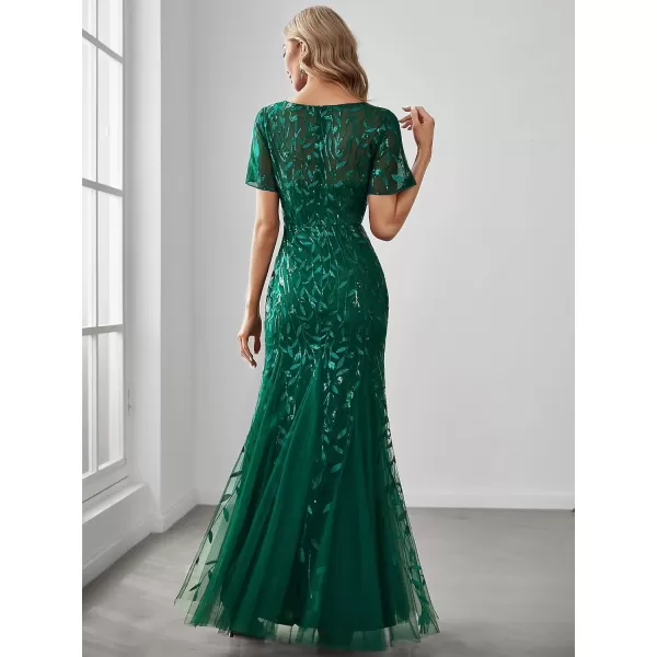 imageEverPretty Womens Elegant Illusion Short Sleeve Crew Neck Sequin Embroidery Mermaid Evening Dresses 07707Dark Green