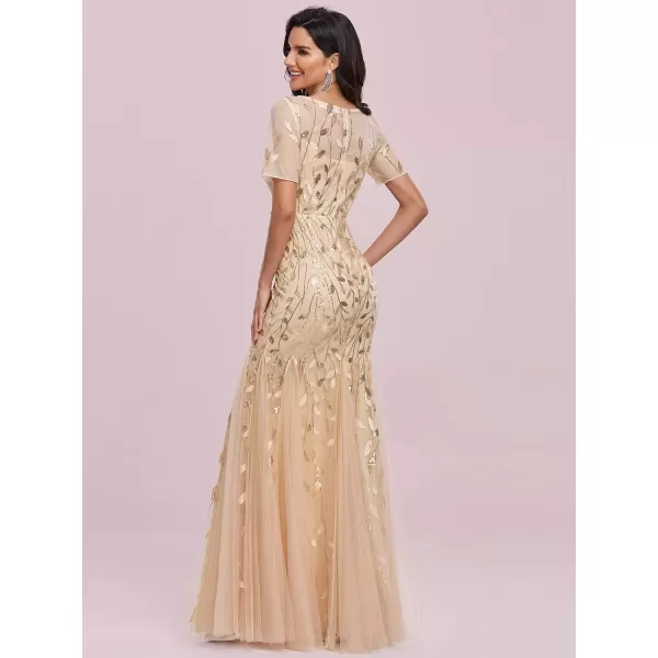 imageEverPretty Womens Elegant Illusion Short Sleeve Crew Neck Sequin Embroidery Mermaid Evening Dresses 07707Gold