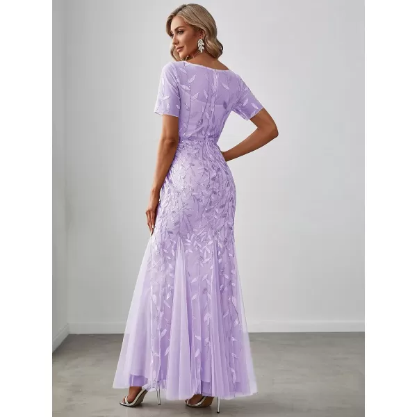 imageEverPretty Womens Elegant Illusion Short Sleeve Crew Neck Sequin Embroidery Mermaid Evening Dresses 07707Lavender