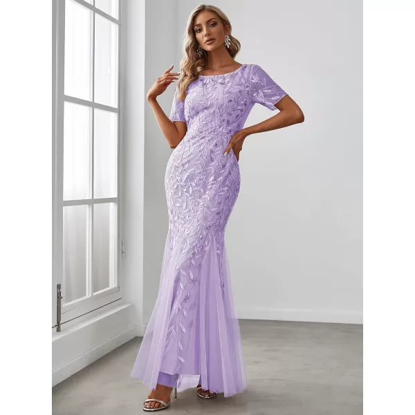 imageEverPretty Womens Elegant Illusion Short Sleeve Crew Neck Sequin Embroidery Mermaid Evening Dresses 07707Lavender