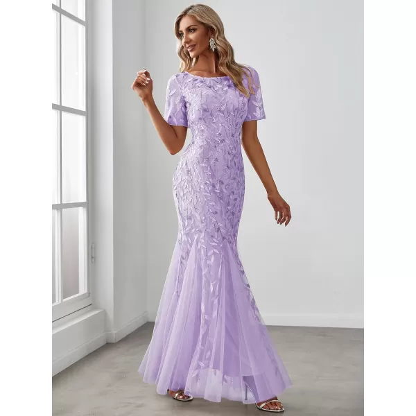 imageEverPretty Womens Elegant Illusion Short Sleeve Crew Neck Sequin Embroidery Mermaid Evening Dresses 07707Lavender