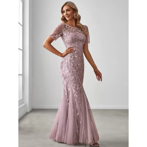 imageEverPretty Womens Elegant Illusion Short Sleeve Crew Neck Sequin Embroidery Mermaid Evening Dresses 07707Mauve