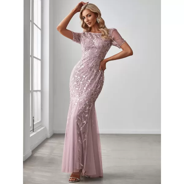 imageEverPretty Womens Elegant Illusion Short Sleeve Crew Neck Sequin Embroidery Mermaid Evening Dresses 07707Mauve