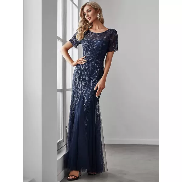 imageEverPretty Womens Elegant Illusion Short Sleeve Crew Neck Sequin Embroidery Mermaid Evening Dresses 07707Navy