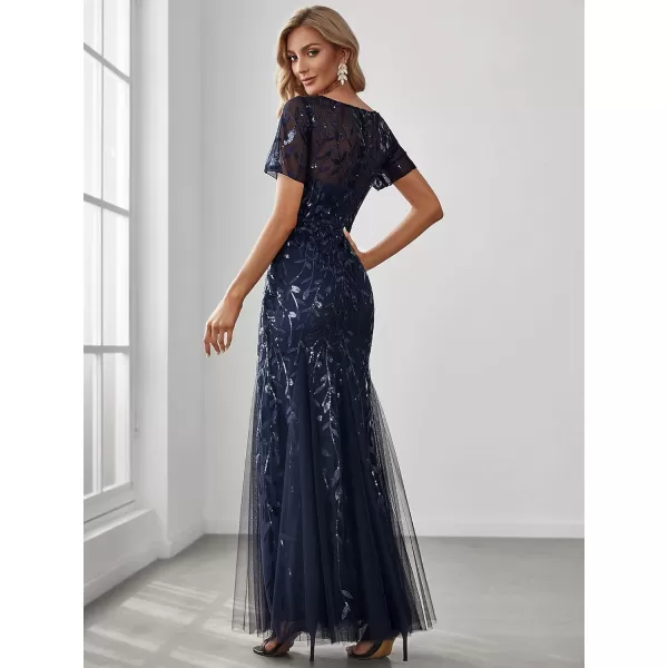 imageEverPretty Womens Elegant Illusion Short Sleeve Crew Neck Sequin Embroidery Mermaid Evening Dresses 07707Navy