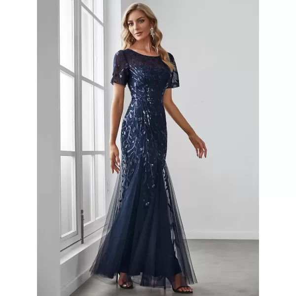 imageEverPretty Womens Elegant Illusion Short Sleeve Crew Neck Sequin Embroidery Mermaid Evening Dresses 07707Navy